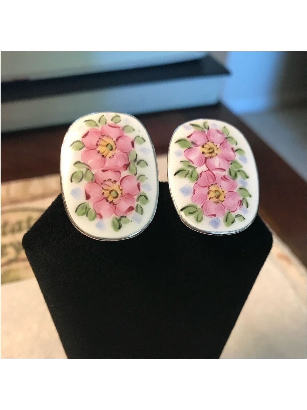Cufflinks Silver Tone Vintage Floral Desert Rose Pattern Pink Flowers
